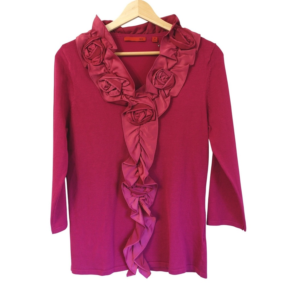 RED Valentino Magenta Rosette Ruffle V Neck Knit Top Vintage 90s Pink Romantic M
